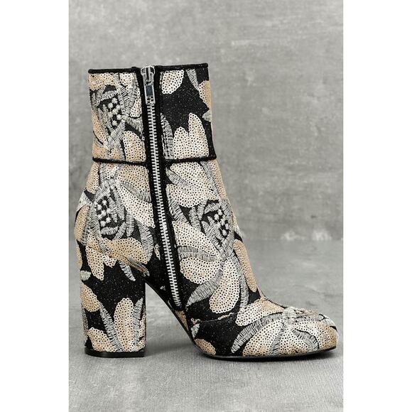 Steve Madden Goldie Black Gold Floral Embroidered Sequin Booties 8.5 Holiday - Picture 3 of 11